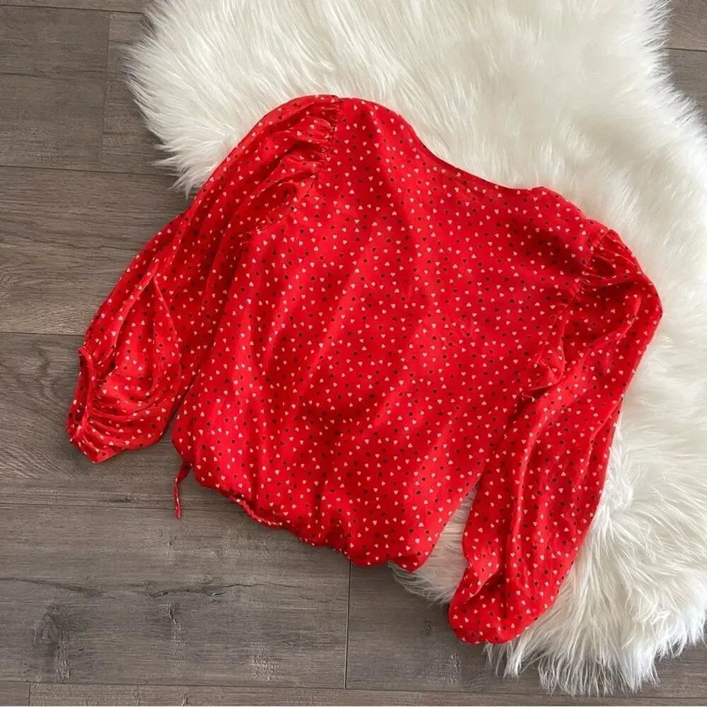 Banana Republic Puff Sleeve Wrap Red Hearts Tie‎ Blouse XS